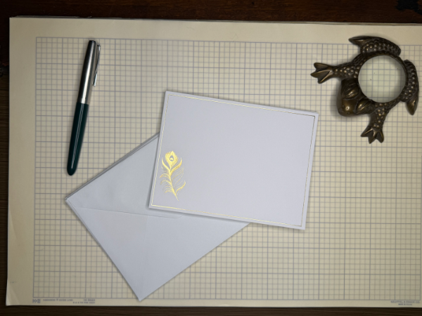 Vintage Golden Peacock Feather Note Cards in White